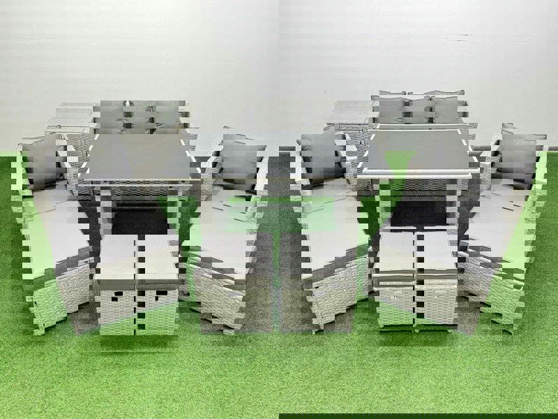 Fimous Patio Garden Furniture Sets with Black Glass Top Dining Table Armchair 3 Seater Sofa Side Table 4 Stools Light Grey