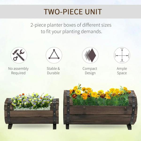 Two-piece brown wooden planter box set for flowers, stacked planters of different sizes