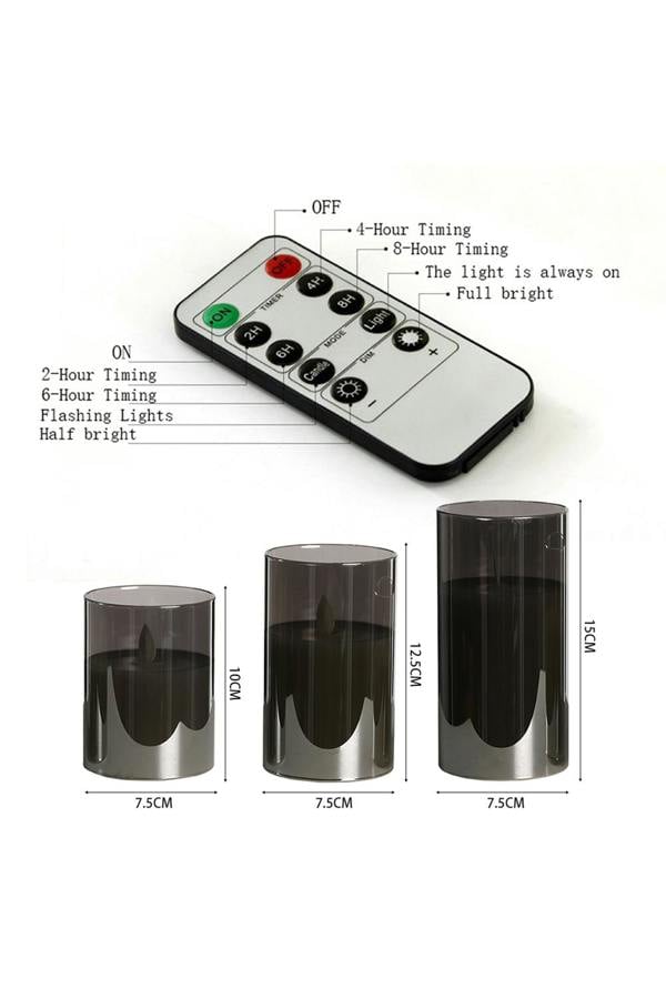 Living and Home 3Pcs Smoke Grey Glass Flameless LED Candles Realistic Swaying Flame with Remote Control & Timer for Wedding Christmas Home Decor