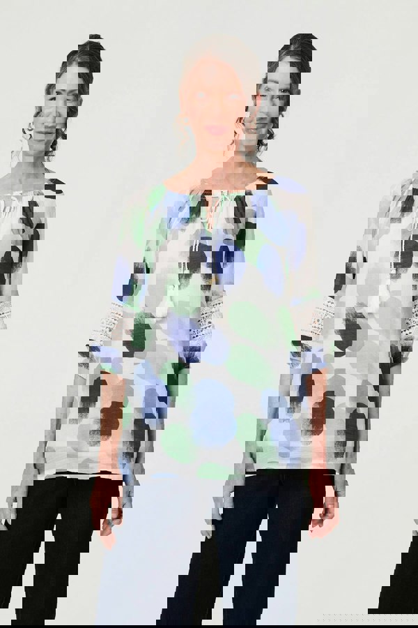 Sage | Printed Lace Trim Tassel Front Blouse
