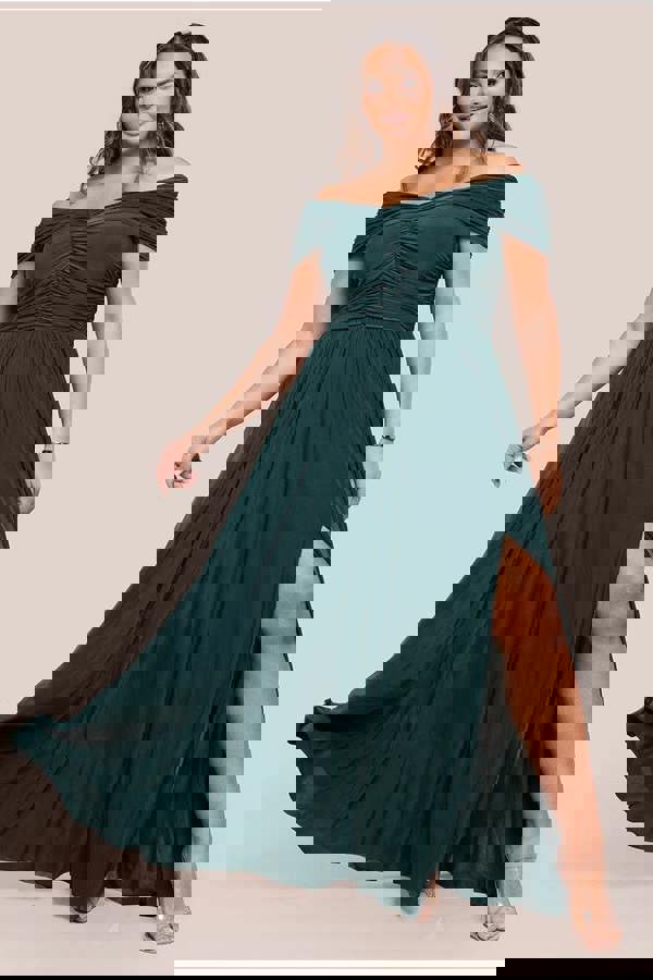 Gathered Bardot Bodice Front Split Maxi Dress - Emerald Green DR4524PLUS