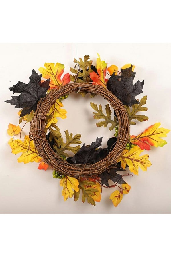 Living and Home 35cm Artificial Fall Wreath for Front Door Maple Leaf Berry Halloween Theme Wreath with Light