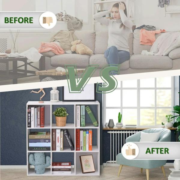 White nine-cube storage shelf with open cubbies filled with books, decor, and storage bins.