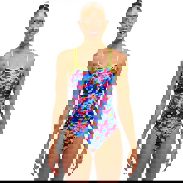 Funkita Wet Wave single strap swimsuit in blue multi tie-dye with neon trim