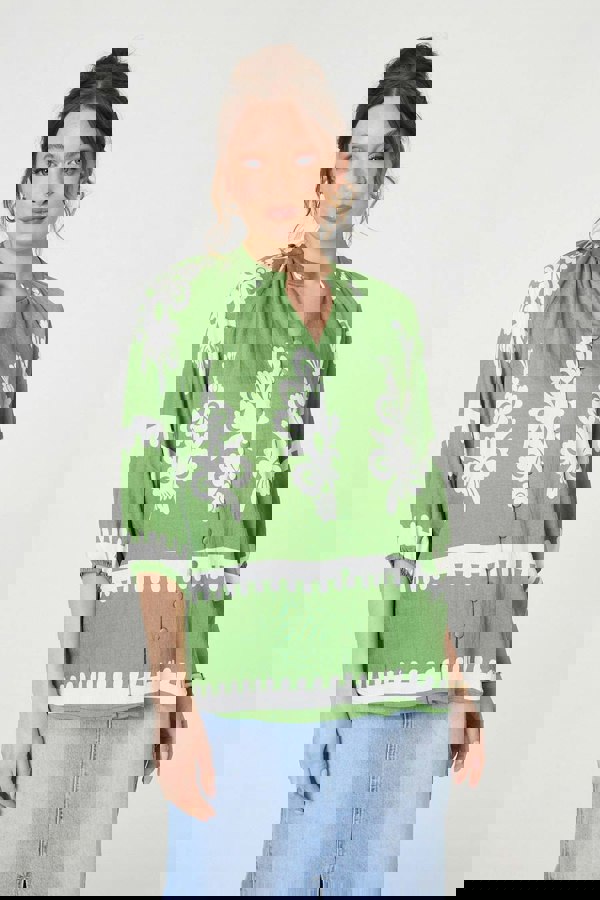 Green | Ikat Print 3/4 Sleeve Relaxed Blouse
