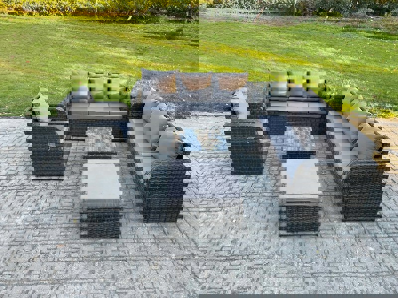 Fimous Outdoor Rattan Garden Furniture Set Conservatory Patio Sofa Coffee Table With Reclining Chair Big Footstool Side Table Dark Grey Mixed