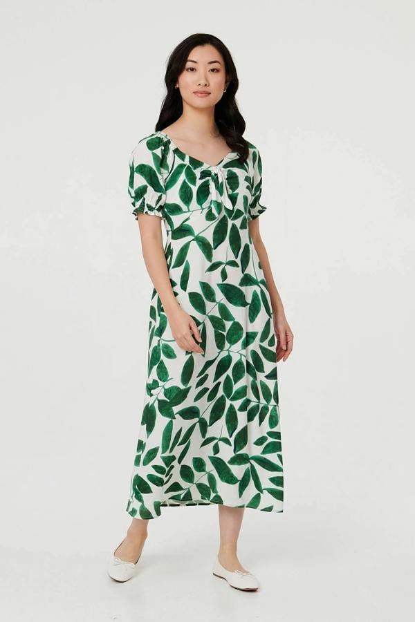 Green | Leaf Print Tie Front A-Line Midi Dress