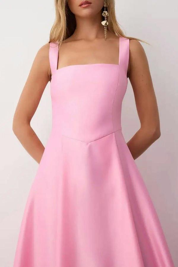 Square Neck Thick Strap A-Line Satin Maxi Dress