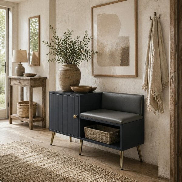 Wyld Haus Roha Wooden Grey Shoe Storage Unit With Padded Seat