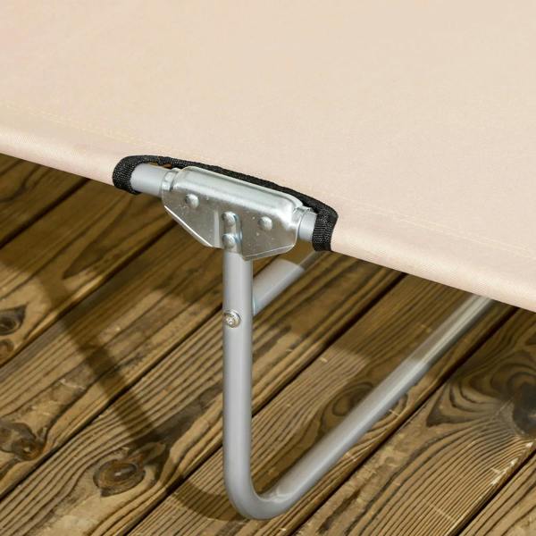 Beige fabric sun lounger strap with gray metal frame corner and hinge detail