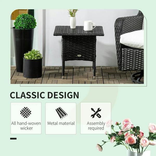 Black woven side table with square top and front crosswoven panel