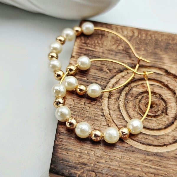 The Colourful Aura Gold White Beaded Dainty 30mm Bali Asian Indian Boho Summer Hoop Earring