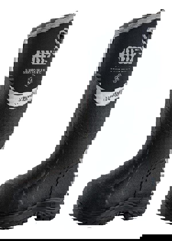 Buckbootz BBZ9000 Mens Safety Waterproof Composite Toe/Midsole S5 Wellington, black waterproof work boot with safety toe and midsole, slip-resistant sole, and reinforced heel and toe area.