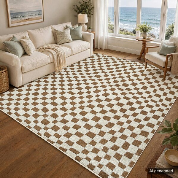 Livabliss Freud-Modern Ivory Brown High Pile Checkered Rug