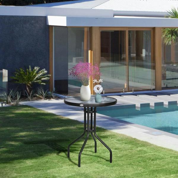 Black round outdoor bistro coffee table with tempered glass top and three-leg metal tripod base.