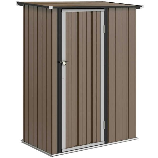 Brown metal garden storage shed with sloped roof and front single door, lockable handle