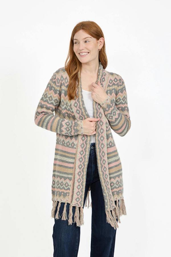 Mudflower Aztec Print Bordered Fringed Longline Cardigan