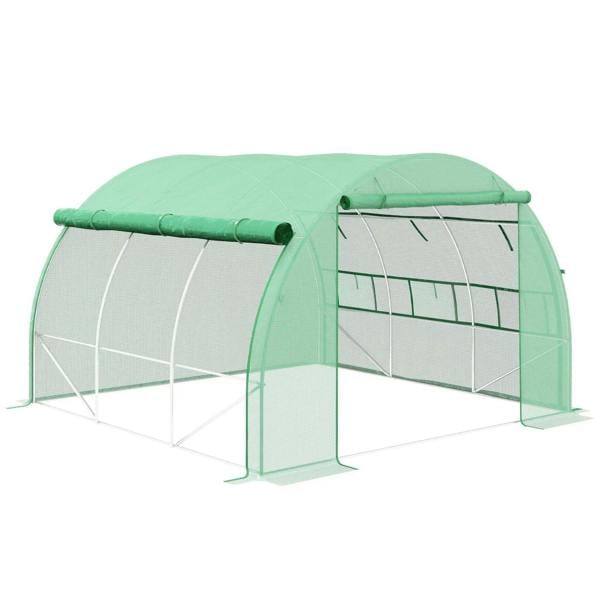 Green walk-in greenhouse tent with roll-up sidewalls and zippered door, front windows