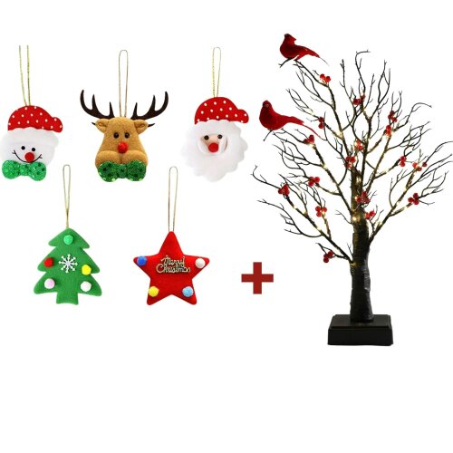 smartbies 60 LED Pre-Lit Birch Twig Tree with Birds & 10 Piece Christmas Pendant Set