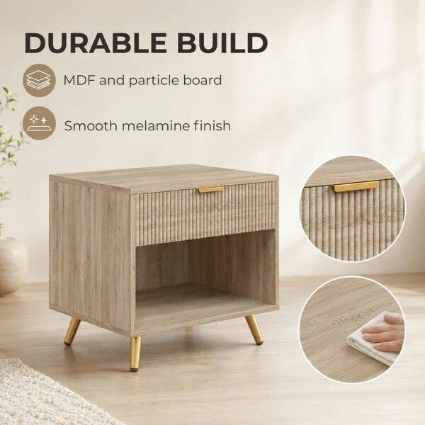 Bedside Table with Drawer and Open Compartment, Nightstand with Handle for Bedroom, Living Room, Natural Wood Finish
