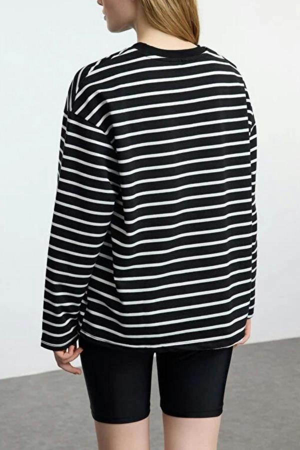 WOVCOR Striped Crew Neck Thin Knit Sweatshirt