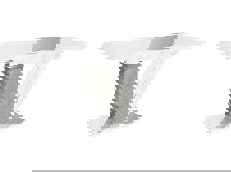 Contemporary DUBAI dining table with stone look base and glossy white top.