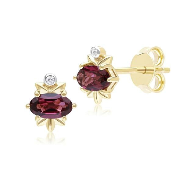 Gemondo Classic Oval Rhodolite & Diamond Stud Earrings in 9ct Yellow Gold