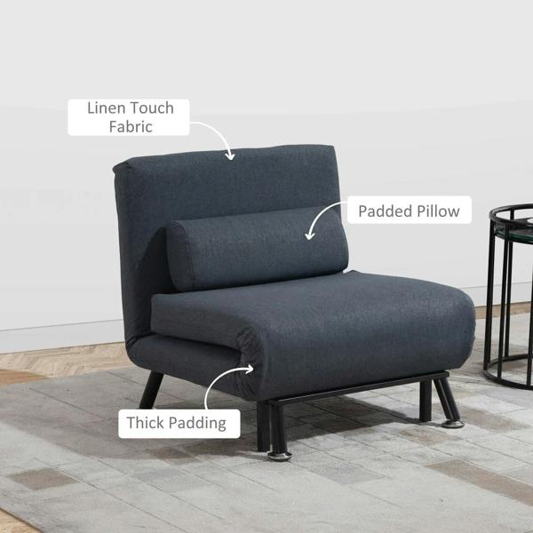 Dark grey upholstered chair with thick padding and padded back pillow, metal legs