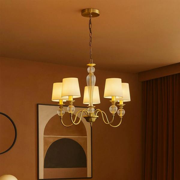 Classic Brass Chandelier with Glass Accents and Drum Shades