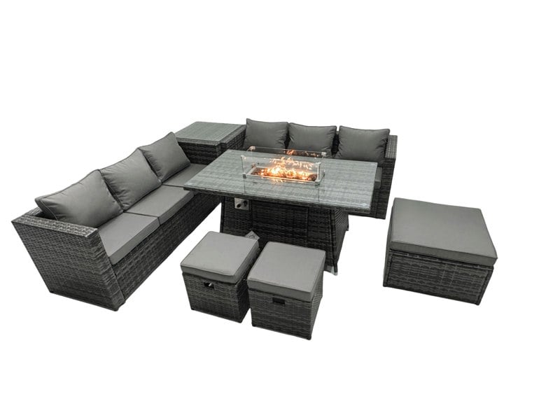 Fimous Rattan Garden Furniture Firepit Dining Set 6 Seater Lounge Sofa Table Set with Side Table 3 Footstool
