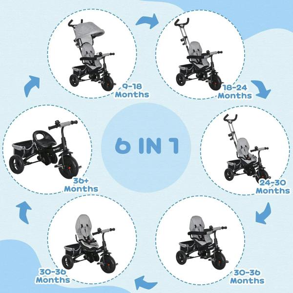 Grey kids push trike showing multiple modes with canopy and push handle