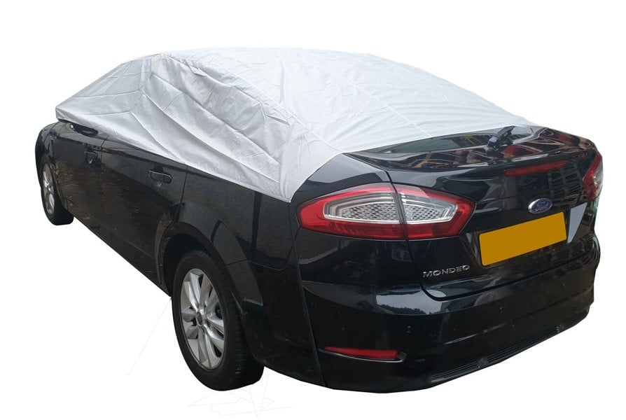 The Nylon Car Top Cover large by OLPRO on a large black Ford car on a white background.