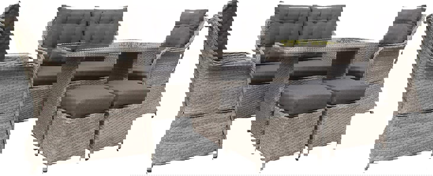 Furniture One Patio Sofa Dining Table Set, 6 Seaters Aluminum Frame Wicker Weave, Includes Dining Table+Loveseat+ 2 Armchair+2 Stool - Grey