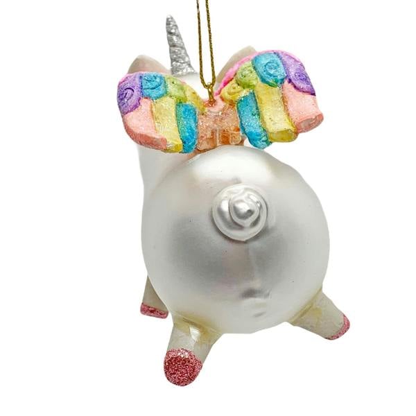 Ferncrest Trading Unicorn Pig Christmas Bauble Rainbow Winged Hanging Glass Decoration