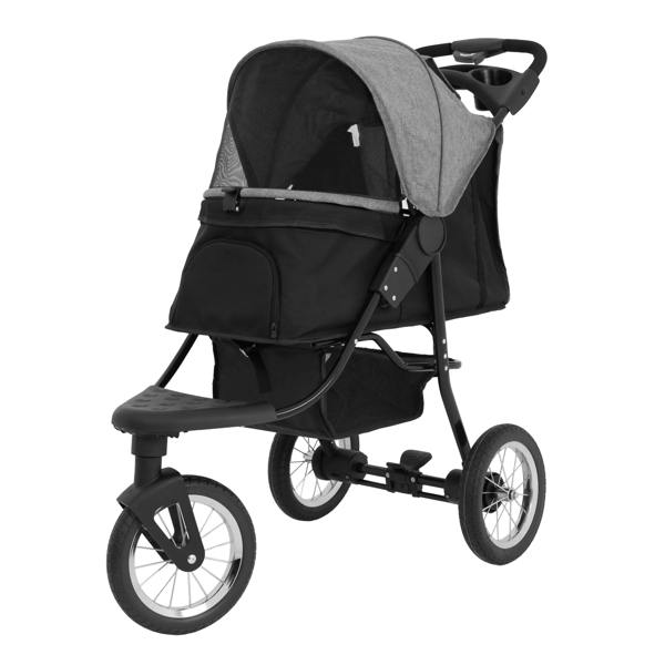 Grey pet jogger with a spacious canopy, black fabric body, and sturdy wheels, designed for comfortable outdoor walks with pets