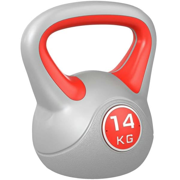 14 kg kettlebell with red handle, grey body, and round 14 KG weight label.