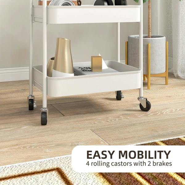 White three-tier storage trolley showing mesh bins and front rolling casters