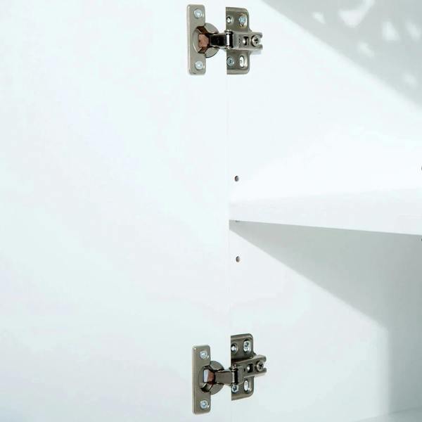 White cabinet interior with metal hinges on the inside panels