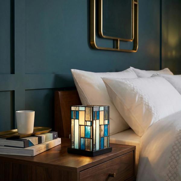 Designer Art Deco Tiffany Glass Table Lamp in Midnight and Sky Blue Image 6