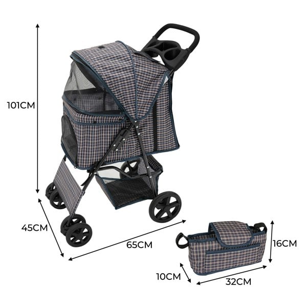 Monstershop Pet Stroller with Rain Cover & Caddy Bag - Blue Tartan