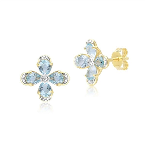 Blue Topaz & Diamond Flower Petals Stud Earrings 9ct Yellow Gold