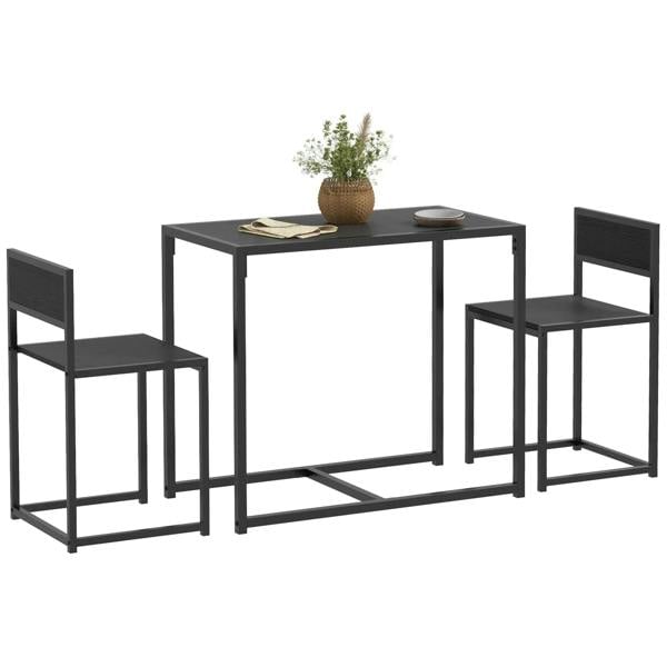 Black rectangular dining table with steel frame and 2 matching chairs