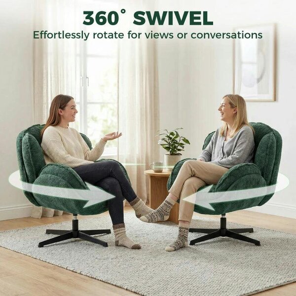 Modern Wingback Accent Chair, Velvet Armchair with Four-Star Base, S-Springs, Swivel, Dark Green