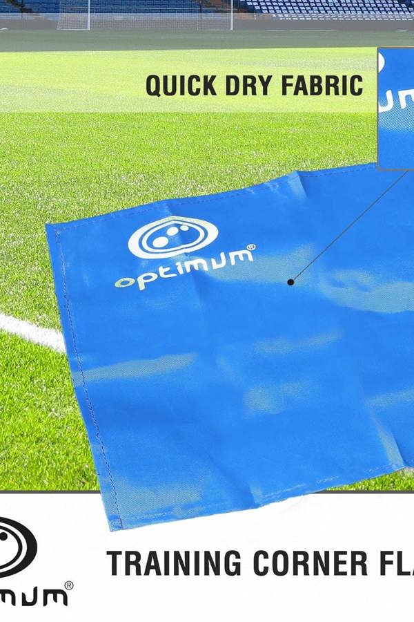 Blue Optimum corner flag with white logo on a grass pitch, Training Corner Flag text overlay - Optimum