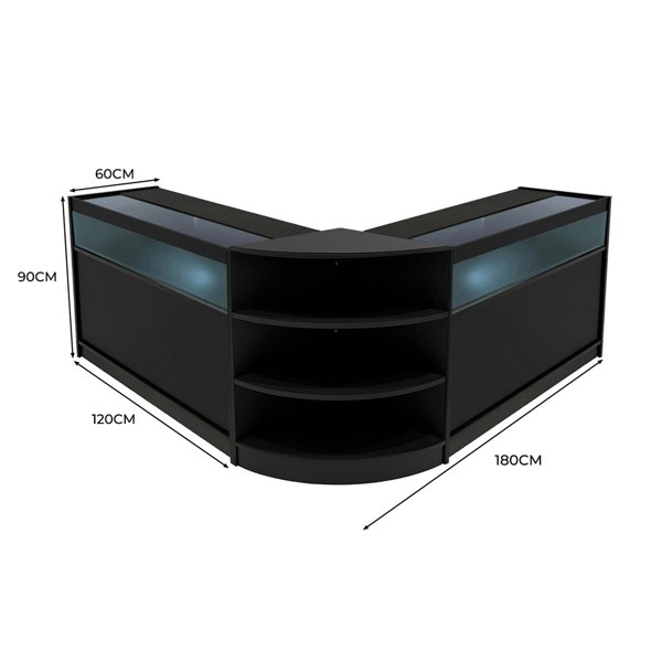 Theseus LED Shop Counter Set in black, featuring sleek glass displays, curved edges, and ample shelving for storage and display