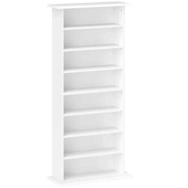 White CD storage unit with multiple open shelves for discs