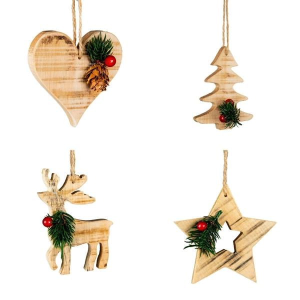 Wooden Christmas Hanging Decorations Set in 4 or 8 Assorted Heart, Tree, Star and Reindeer Shapes image 1