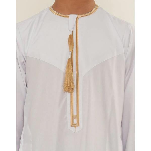 TT-003 - Boy's Emirati Omani Gold Tassel Embroidery Thobe - White - Thobez - 3