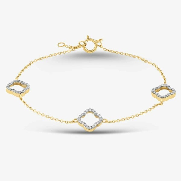 T. H. Baker 9ct Yellow Gold 0.20ct Brilliant Cut Diamond Triple Clover Chain Bracelet THB39617-20NJ (YG)