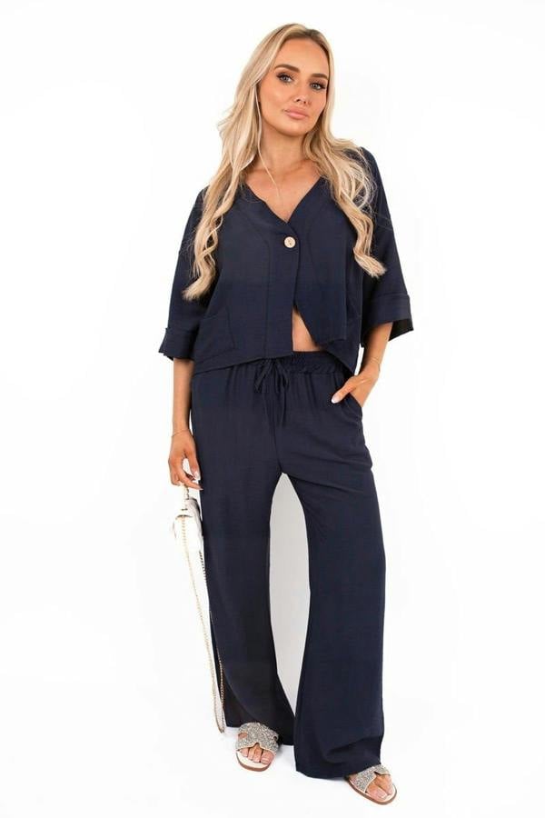 Lyssa Button Front Wide Sleeve Top And Trouser Co-ord Set - Navy
